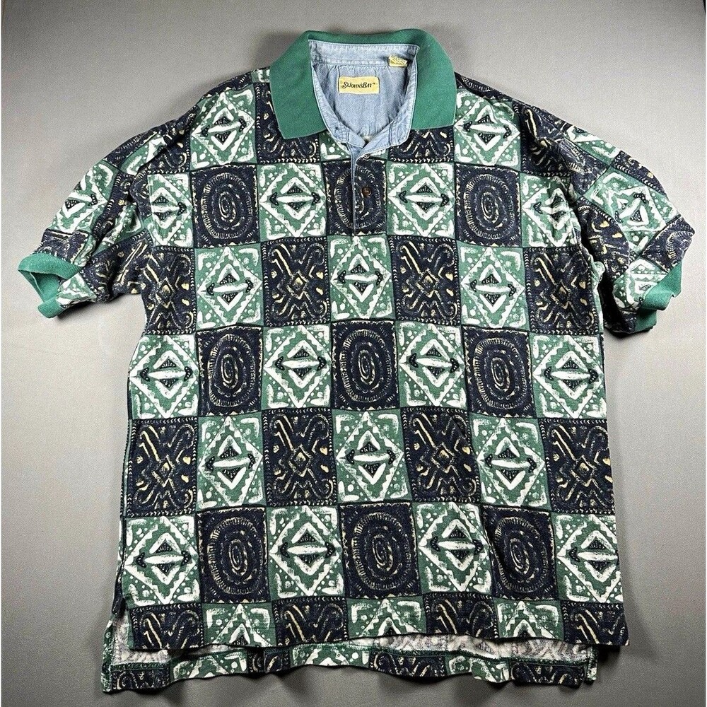 Vintage 90s St Johns Bay Polo Mens XL Geometric Print Cotton Sri Lanka